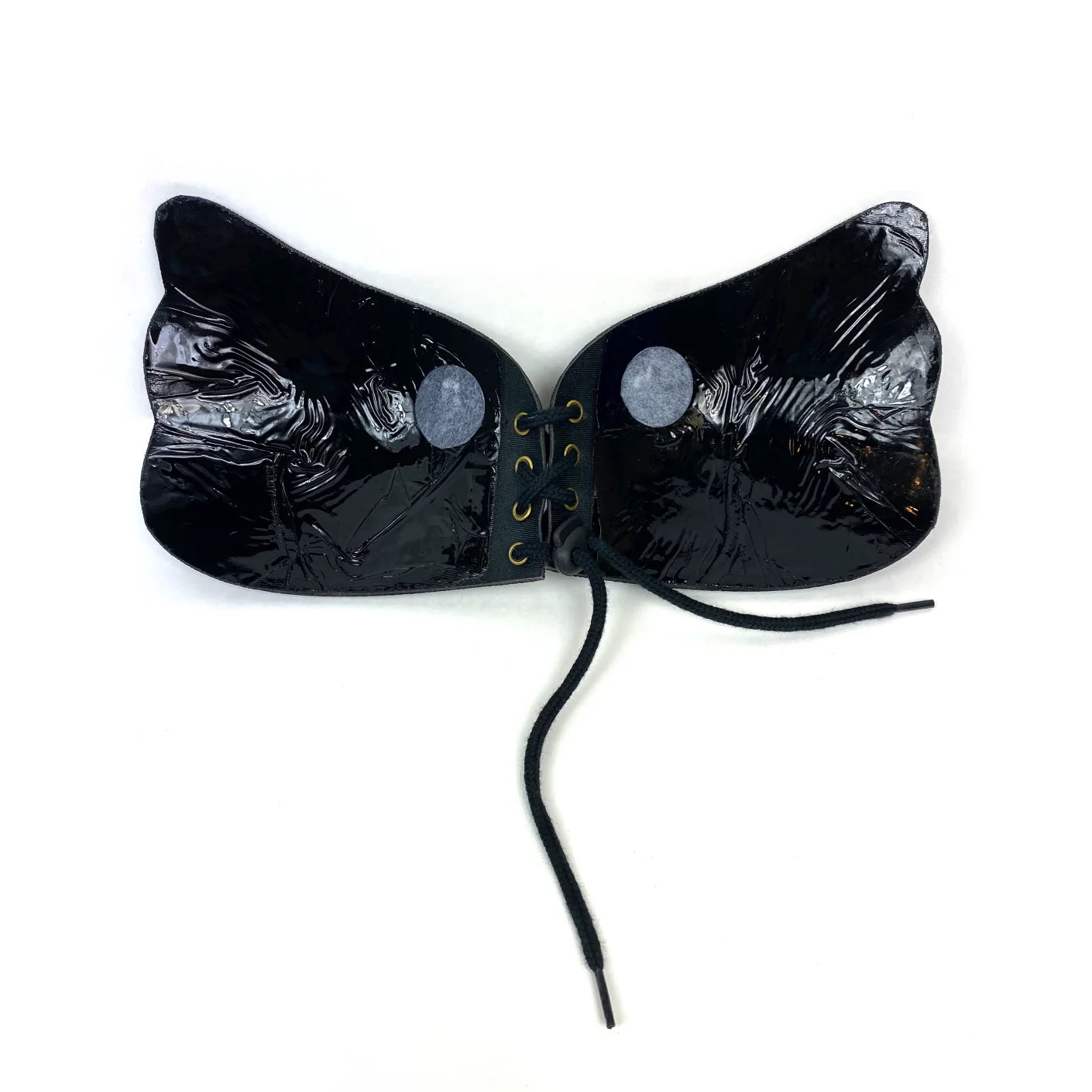 Diane Geordi DAG-V3000 black patent vinyl wing-shaped bust accessory with lace-up center, Colombian shapewear fashion piece