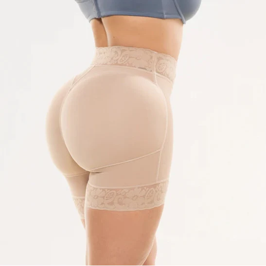 Fajas Salome SH-613B nude butt-lifting shaper shorts with lace trim, Colombian shapewear body shaper back view