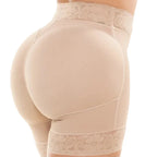 Fajas Salome SH-613B beige butt-lifting shaper shorts with lace trim, Colombian shapewear body shaper back view
