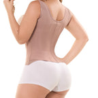 Fajas Salome 7013 nude post-surgery faja back view, Colombian shapewear vest with boning and white boyshort bottoms